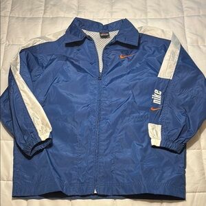 Vintage Nike Blue and White Full Zip Windbreaker Jacket with Orange Accents